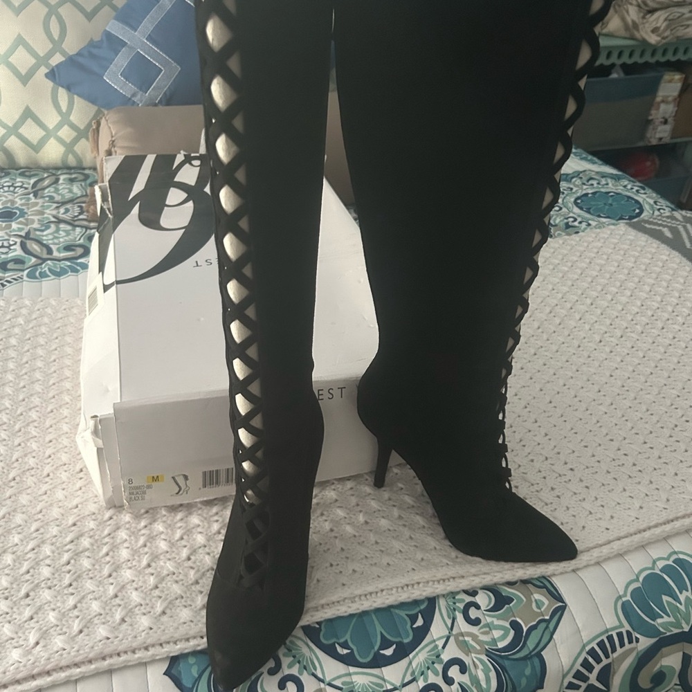 Nine West Black Over the Knee Boots Lace-Up Stiletto